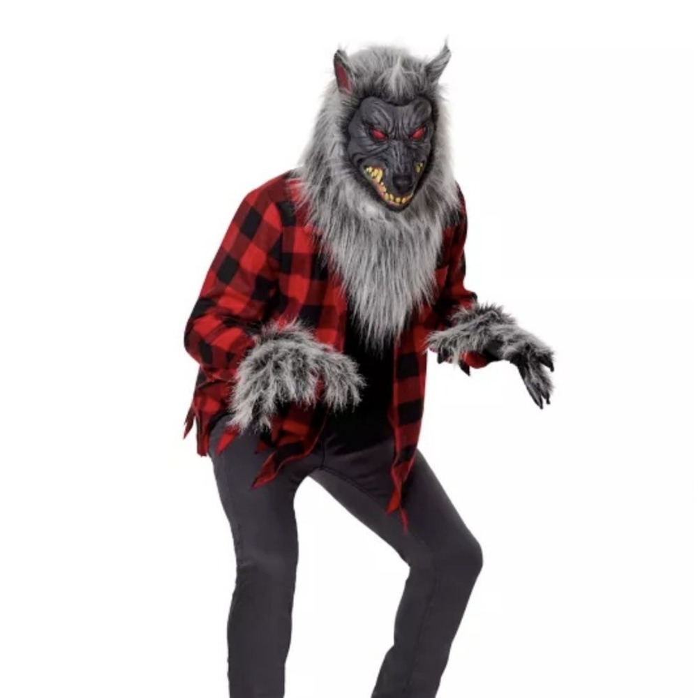 Spirit Howling Wolf Adult Large Costume Mask Gloves Flannel Red Black Gray